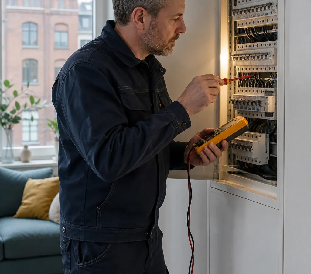 Elektriker prüft einen Sicherungskasten in einer Hamburger Wohnung