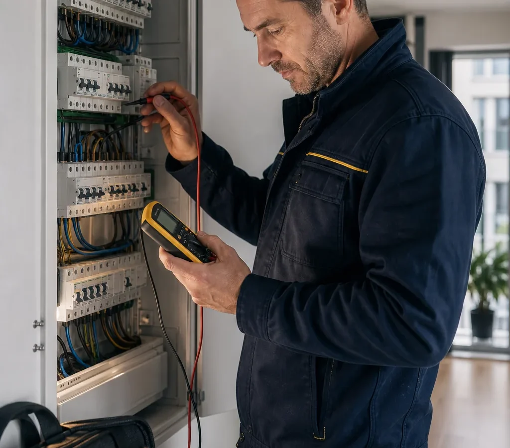 Elektriker prüft eine Elektroverteilung mit einem Messgerät